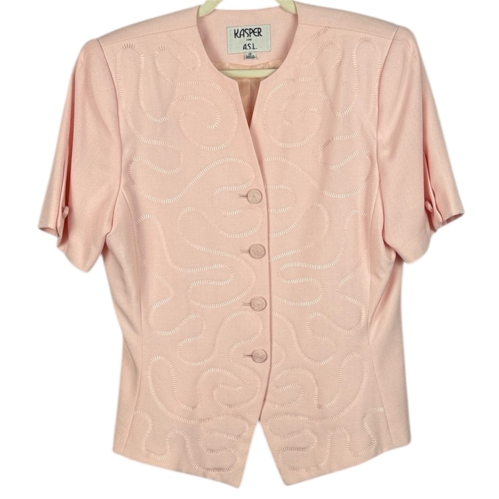 Kasper Vintage 80s Grannycore Light Pink Embroidered Short Sleeve Blazer Size 16